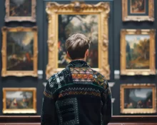 Back of an adult person looking at renaissance style paintings in an old museum art gallery